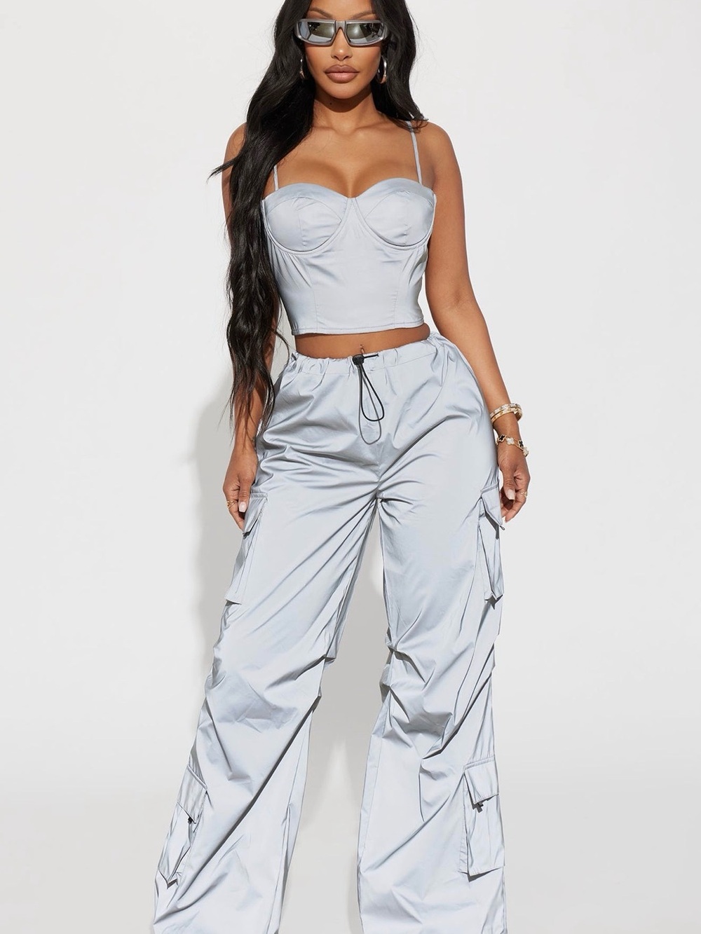 Gray Cargo Wide Leg Parachute Pants - Picture 2 of 10